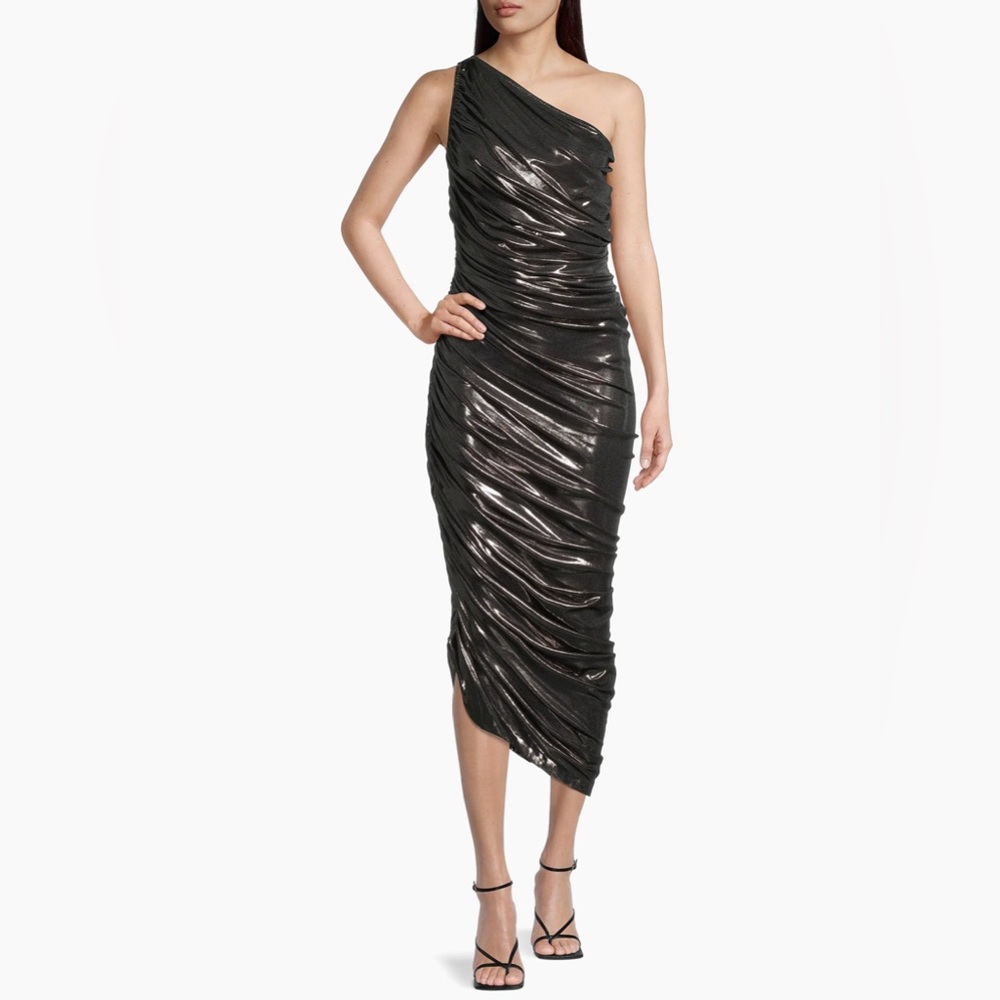 Norma Kamali Diana Metallic Gunmetal Ruched One-Shoulder Gown Size XL